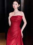 Gorgeous Sheath Strapless Red Satin Slit Prom Dresses Formal Summer Wedding Guest Dresses Wedding Guest Outfits HZ1121