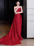 Gorgeous Sheath Strapless Red Satin Slit Prom Dresses Formal Summer Wedding Guest Dresses Wedding Guest Outfits HZ1121