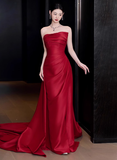 Gorgeous Sheath Strapless Red Satin Slit Prom Dresses Formal Summer Wedding Guest Dresses Wedding Guest Outfits HZ1121