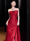 Gorgeous Sheath Strapless Red Satin Slit Prom Dresses Formal Summer Wedding Guest Dresses Wedding Guest Outfits HZ1121