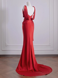 Elegant Mermaid V Neck Red Satin Prom Dresses Formal Summer Wedding Guest Dresses Wedding Guest Outfits HZ1121