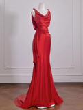 Elegant Mermaid V Neck Red Satin Prom Dresses Formal Summer Wedding Guest Dresses Wedding Guest Outfits HZ1121