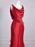 Elegant Mermaid V Neck Red Satin Prom Dresses Formal Summer Wedding Guest Dresses Wedding Guest Outfits HZ1121