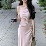 Sexy Sheath One Shoulder Pink Satin Prom Dresses Formal Summer Wedding Guest Dresses Wedding Guest Outfits HZ1121