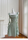 Sexy A line Square Mint Green Satin Short Homecoming Dress Summer Hoco Dresses Cocktail Dress Birthday Outfits HZ1121