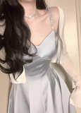 Classy A line Straps Dusty Blue Satin Prom Dresses Formal Summer Wedding Guest Dresses Wedding Guest Outfit HZ1121