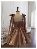 Sexy A line Spaghetti Straps Satin Brown Short Homecoming Dress Summer Hoco Dresses Cocktail Dress Birthday Outfits HZ1121
