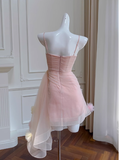 Sexy A line Spaghetti Straps Pink Tulle Short Homecoming Dresses Summer Hoco Dresses Cocktail Dress Birthday Outfits HZ1121