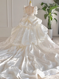Princess Bridal Dress Ball Gown V-Neck Satin White Beads Long Wedding Dress Modest Lace Bridal Gowns HZ1121