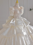 Princess Bridal Dress Ball Gown V-Neck Satin White Beads Long Wedding Dress Modest Lace Bridal Gowns HZ1121
