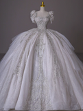 Princess Bridal Dress Ball Gown Square Neck Tulle White Beads Long Wedding Dress Modest Short Sleeve Bridal Gowns HZ1121