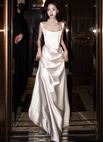 Modest Sheath Square Neck Long Evening Gowns White Satin Special Formal Dresses Prom Dresses HZ1121