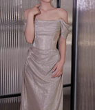 Modest Sheath Off-the-shoulder Long Evening Gowns Silver Glitter Special Formal Dresses Prom Dresses HZ1121