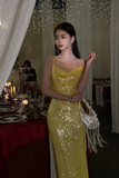 Elegant Sheath Spaghetti Strap Long Evening Gowns Yellow Sequins Special Formal Dresses Slit Prom Dresses HZ1121