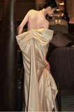 Elegant Sheath Sweetheart Neck Evening Gown SatinChampagne Bow Graduation Dress Prom Dresses HZ1121