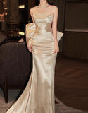 Elegant Sheath Sweetheart Neck Evening Gown SatinChampagne Bow Graduation Dress Prom Dresses HZ1121