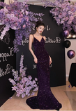 Stunning Mermaid Spaghetti Strap Evening Gown Dark Purple Open Back Formal Dress Sequins Long Prom Dress HZ1121