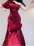 Modest Mermaid One-shoulder Long Evening Gown Burgundy Formal Dress Applique Satin Slit Prom Dress HZ1121