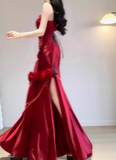Modest Mermaid One-shoulder Long Evening Gown Burgundy Formal Dress Applique Satin Slit Prom Dress HZ1121