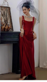 Modest Sheath Square Neck Long Evening Gown Burgundy Formal Dress Elegant Satin Prom Dress HZ1121
