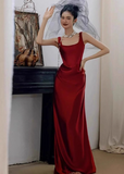 Modest Sheath Square Neck Long Evening Gown Burgundy Formal Dress Elegant Satin Prom Dress HZ1121