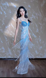 Modest Sheath Sweetheart Neck Long Evening Gown Blue Beaded Formal Dress Elegant Tassel Prom Dress HZ1121
