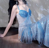 Modest Sheath Sweetheart Neck Long Evening Gown Blue Beaded Formal Dress Elegant Tassel Prom Dress HZ1121