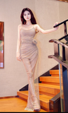 Modest Sheath Spaghetti Strap Long Evening Gown Champagne Metal Mesh Formal Dress Elegant Birthday Prom Dress HZ1121