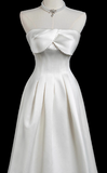 Modest A-Line Strapless Bridal Dress White Satin Long Wedding Dress Elegant Lace Applique Bridal Gowns HZ1121