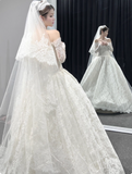 Modest Ball Gown Off-the-shoulder Bridal Dress White Tulle Lace Long Wedding Dress Elegant Applique Bridal Gowns HZ1121