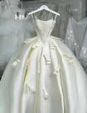 Elegant Light Champagne Strapless Ball Gown Satin Bow Wedding Dress Modest Beaded Bridal Gown HZ1121