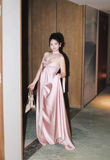 Modest Pink Empire Dress Satin Strapless Long Evening Dress Elegant Formal Dress Wedding Guest Dress HZ1121