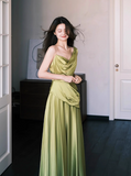 Modest Green A-Line Evening Dress Satin Asymmetric Neckline Long Prom Dress Elegant Formal Dress Wedding Guest Dress HZ1121