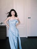 Elegant Blue Sheath Formal Evening Dress Satin Strap Birthday Dress Stunning Graduation Dress HZ1121