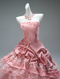 Stunning Strapless Pink Ball Gown Tiered Tulle Applique Beading Long Quinceanera Dress Satin Formal Gowns Vestido De 15 Anos Sweet 16 Dress HZ1121