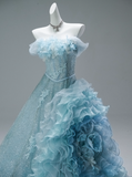 Stunning Off-the-Shoulder Ball Gown Tiered Sequined Mesh Flower Long Quinceanera Dress Blue Formal Gowns Vestido De 15 Anos Sweet 16 Dress HZ1121