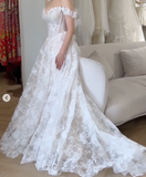Modest Off-the-shoulder Bridal Gown Glam Applique Tulle Beaded Wedding Dress HZ1121