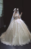 Modest White Ball Gown Wedding Dress Halter Tulle Applique Bridal Gowns HZ1121