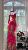 Vintage Red Sheath Long Prom Dress Floral Chiffon Spaghetti Strap Backless Formal Dress HZ1121