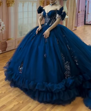 Fairy Navy Blue Off-the-Shoulder Ball Gown Tiered Gauze Appliqu¨¦ Long Quinceanera Dress Saprkly Formal Gowns Sweet 16 Dress HZ1121