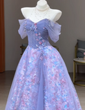 Fairy Purple Ball Gown Off-the-shoulder Tulle Long Prom Dress Applique Sweet 16 Dress HZ1121