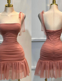 Cute Strap Sheath Short Party Dress Tulle Red Homecoming Dress HZ1121