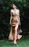 Elegant Strapless Sheath Satin Long Prom Dress Brown Formal Evening Dress HZ1121