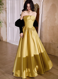 Elegant Strapless Ball Gown Satin Long Prom Dresses Yellow Formal Evening Dresses HZ1121