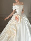 Modest Off-shoulder Luxury Wedding Dresses White Ball Gown Satin Train Bridal Gowns HZ1121