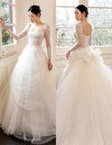 Timeless Square Neck Long Sleeve Luxury Wedding Dresses White Ball Gown Tulle Bridal Gowns with Beading HZ1121