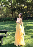 Elegant Sheath Evening Dresses, Spaghetti Strap Chiffon Yellow Guest Dress HZ1121
