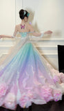 Gorgeous Off-the-shoulder A-line Tulle Beaded Long Prom Dresses, Formal Evening Dresses in Colorful HZ1121