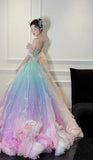 Gorgeous Off-the-shoulder A-line Tulle Beaded Long Prom Dresses, Formal Evening Dresses in Colorful HZ1121