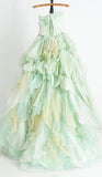 Gorgeous Strapless Ball Gown Tulle Lace Long Prom Dresses Green Quinceanera Dresses HZ1121